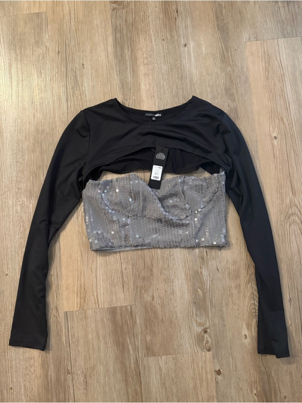 Fashion Nova Black Long-Sleeve Shrug with Silver Sequin Bustier